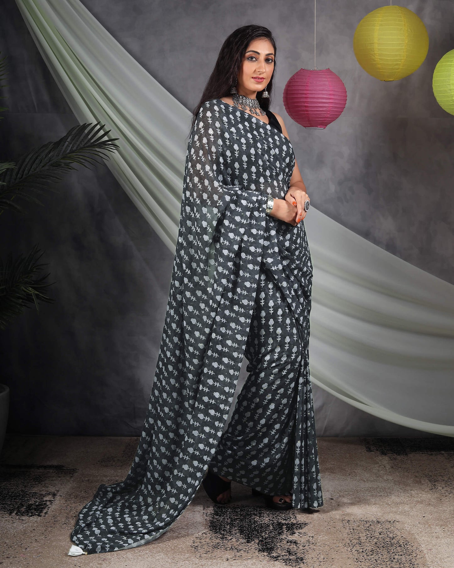 Black And White Booti Pattern Booti Sequins Digital Print Georgette Saree With Tassels