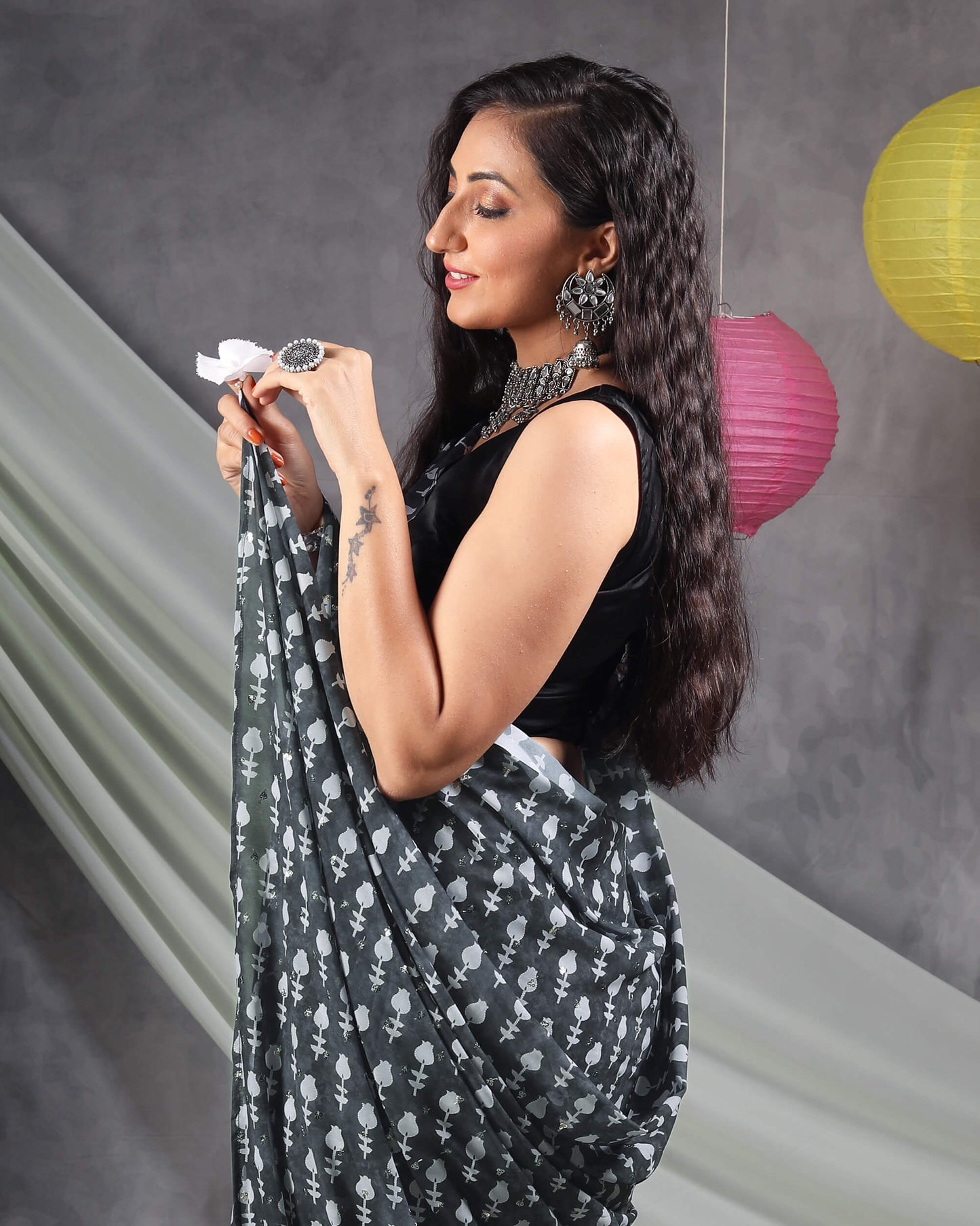 Black And White Booti Pattern Booti Sequins Digital Print Georgette Saree With Tassels