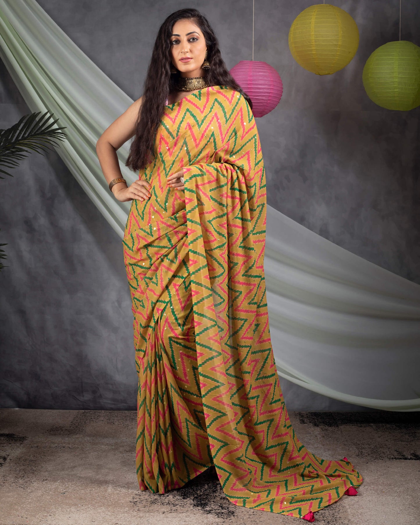 Dijon Yellow And Green Chevron Pattern Booti Sequins Digital Print Georgette Saree With Tassels