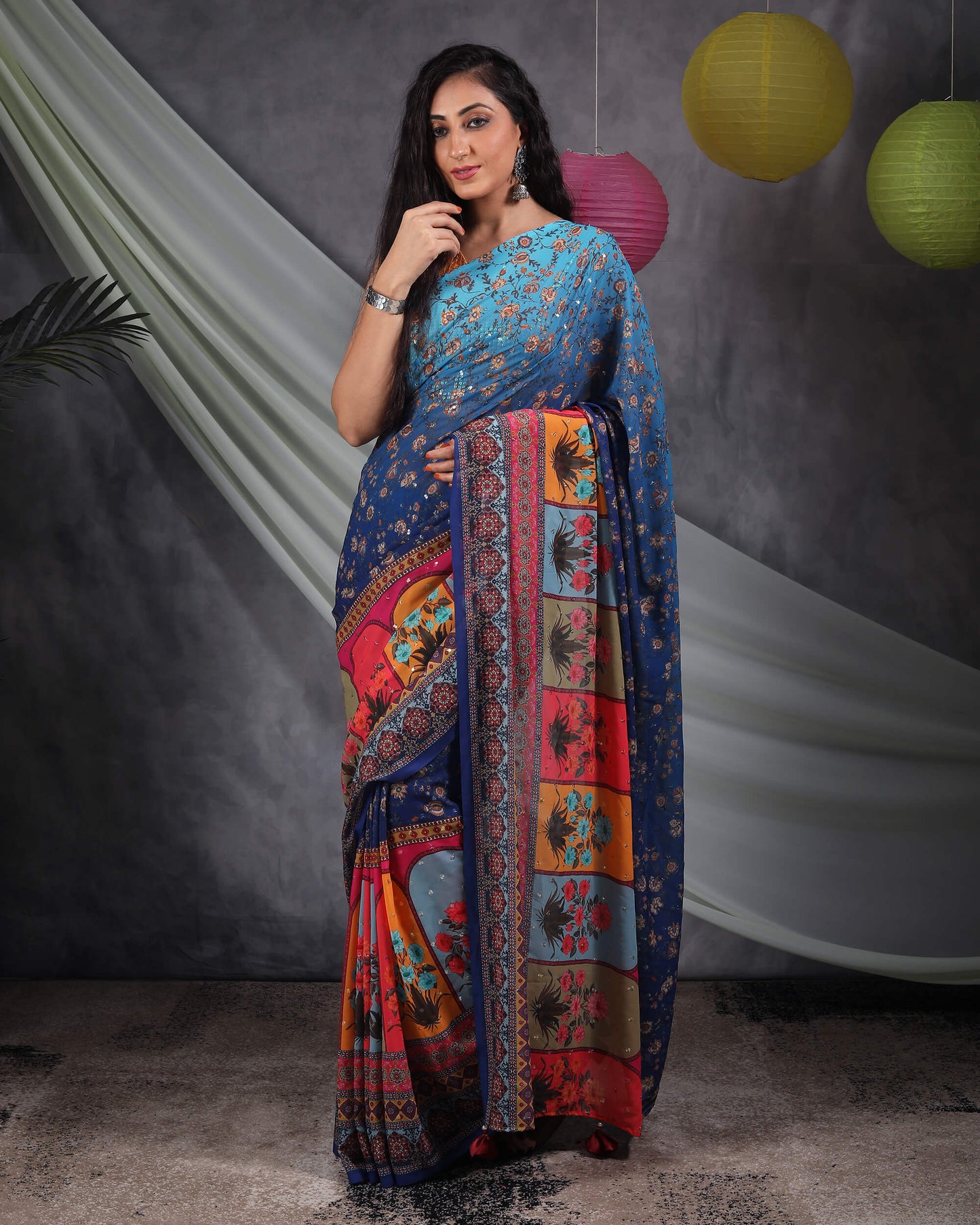 Navy Blue And Red Floral Pattern Booti Sequins Digital Print Georgette Saree With Tassels