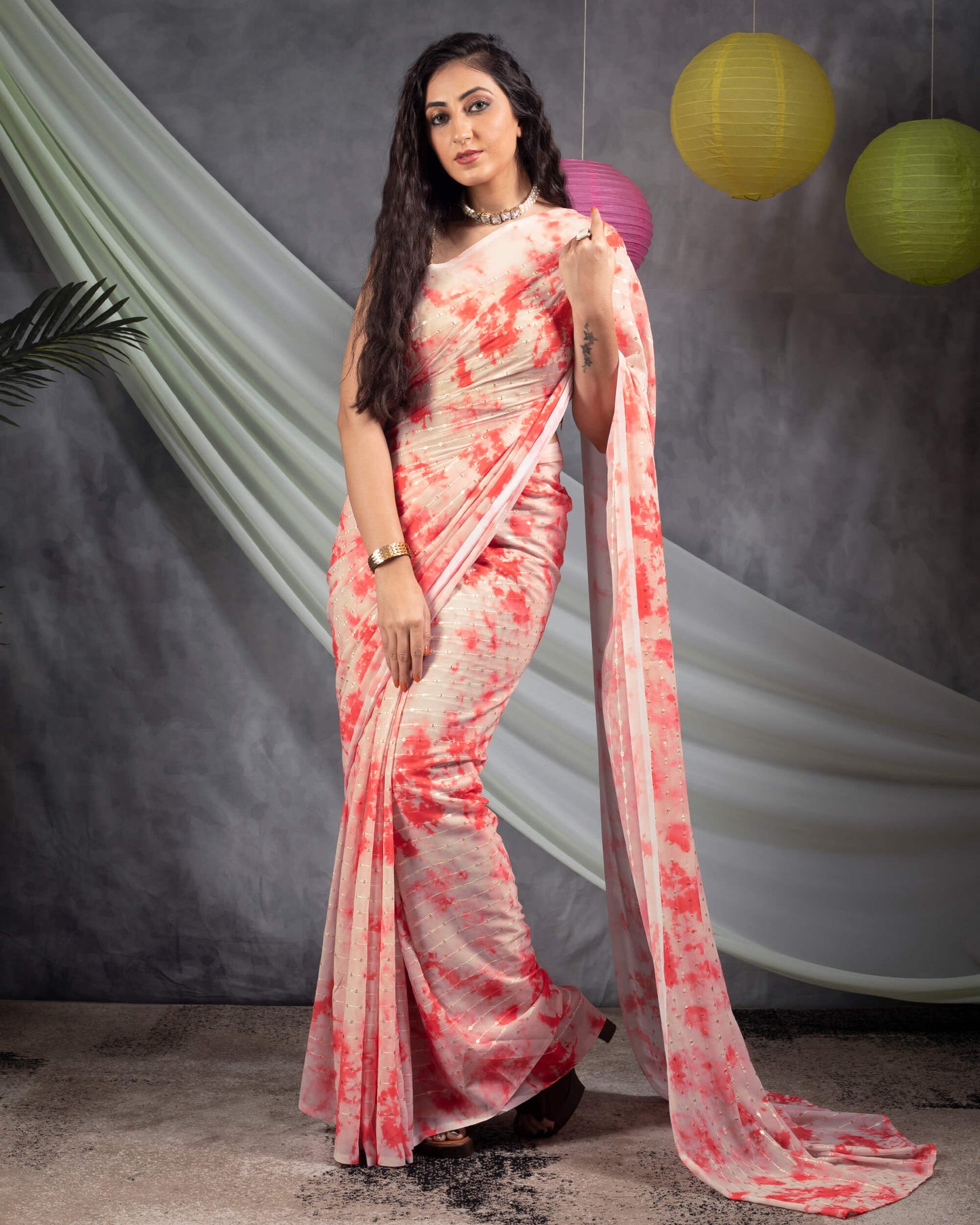 Red And Oat Beige Tie & Dye Pattern Booti Sequins Embroidery Digital Print Georgette Saree