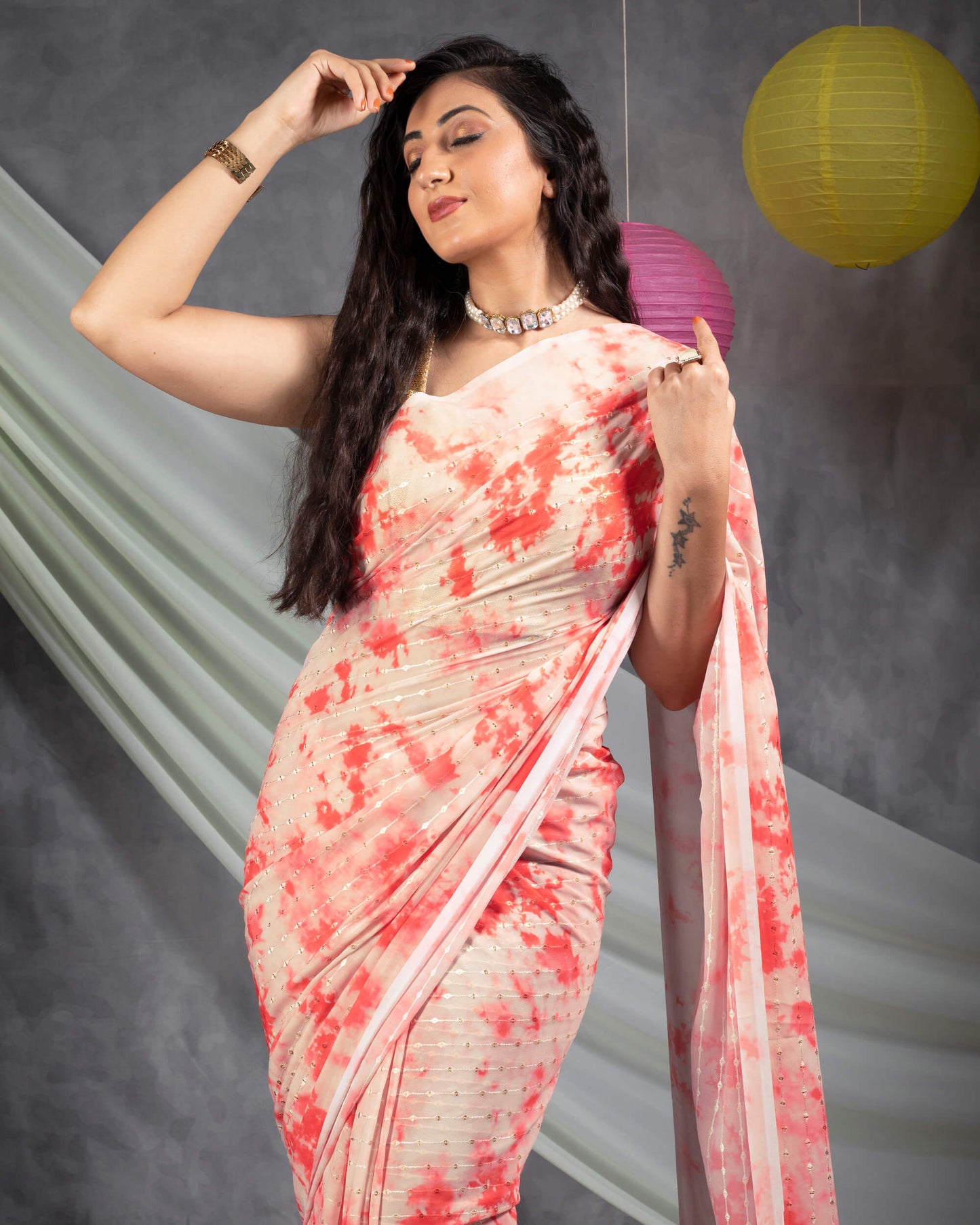 Red And Oat Beige Tie & Dye Pattern Booti Sequins Embroidery Digital Print Georgette Saree