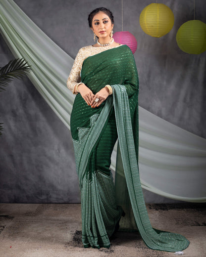 Sacramento Green And White Daman Pattern Booti Sequins Embroidery Digital Print Georgette Saree With Tassels