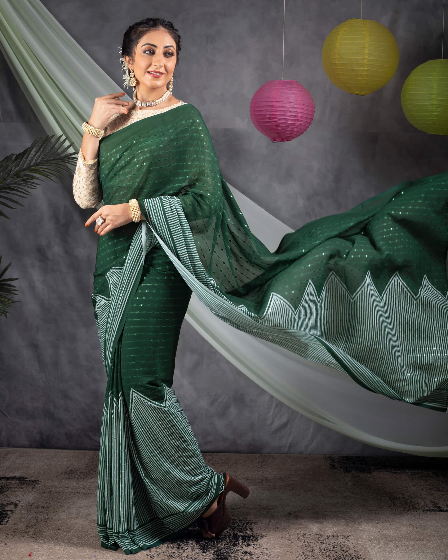 Sacramento Green And White Daman Pattern Booti Sequins Embroidery Digital Print Georgette Saree With Tassels