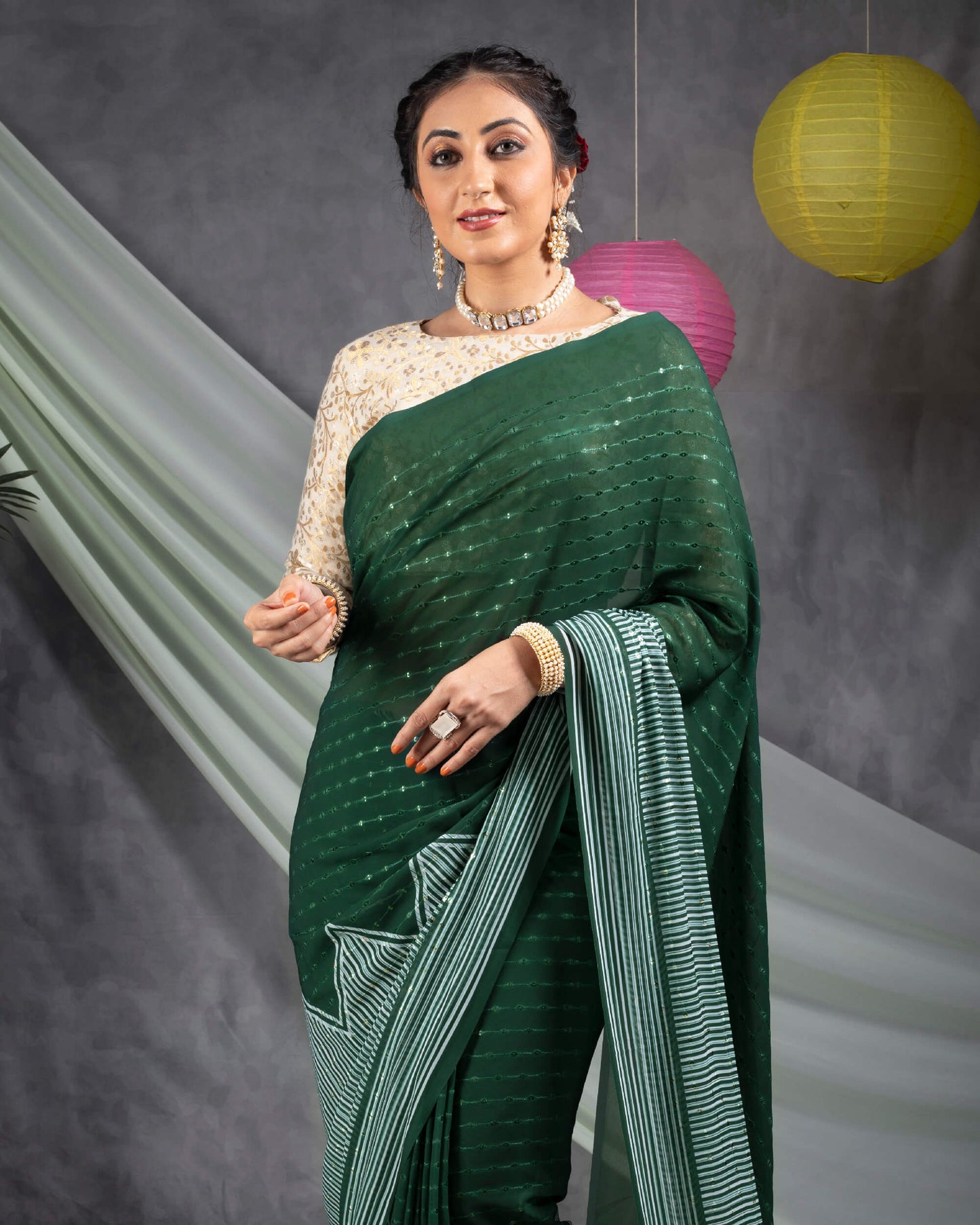 Sacramento Green And White Daman Pattern Booti Sequins Embroidery Digital Print Georgette Saree With Tassels