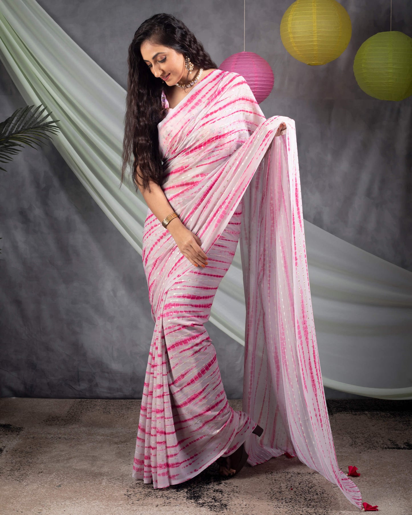 Deep Pink And Oat Beige Shibori Pattern Booti Sequins Embroidery Digital Print Georgette Saree With Tassels