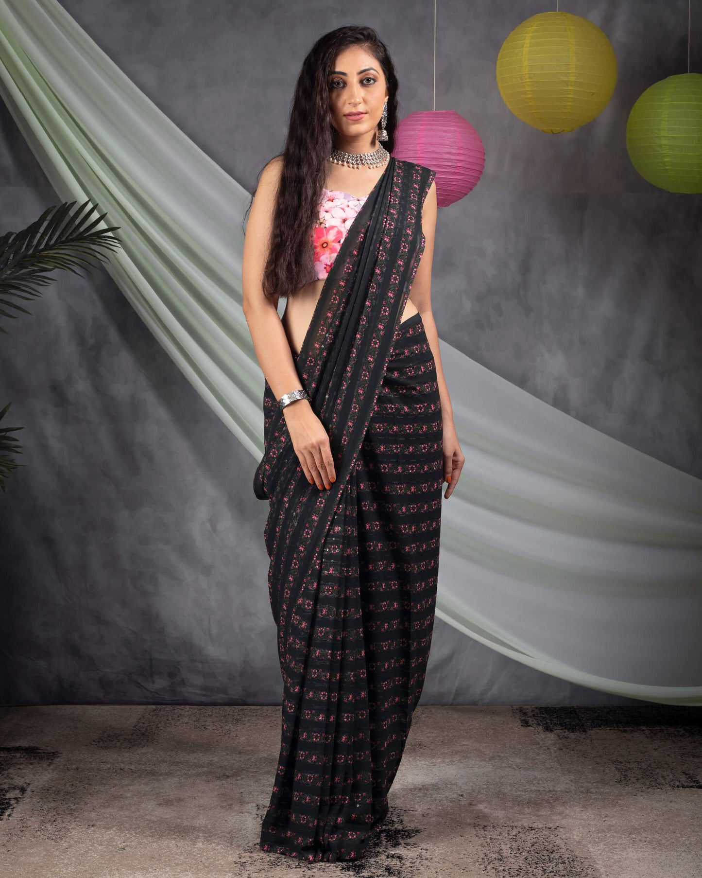 Black And Taffy Pink Stripes Pattern Booti Sequins Embroidery Digital Print Georgette Saree With Tassels