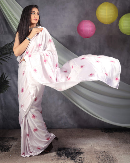 Lace Pink Shiiborii Pattern All Over Sequins Digital Print Japan Satin Saree