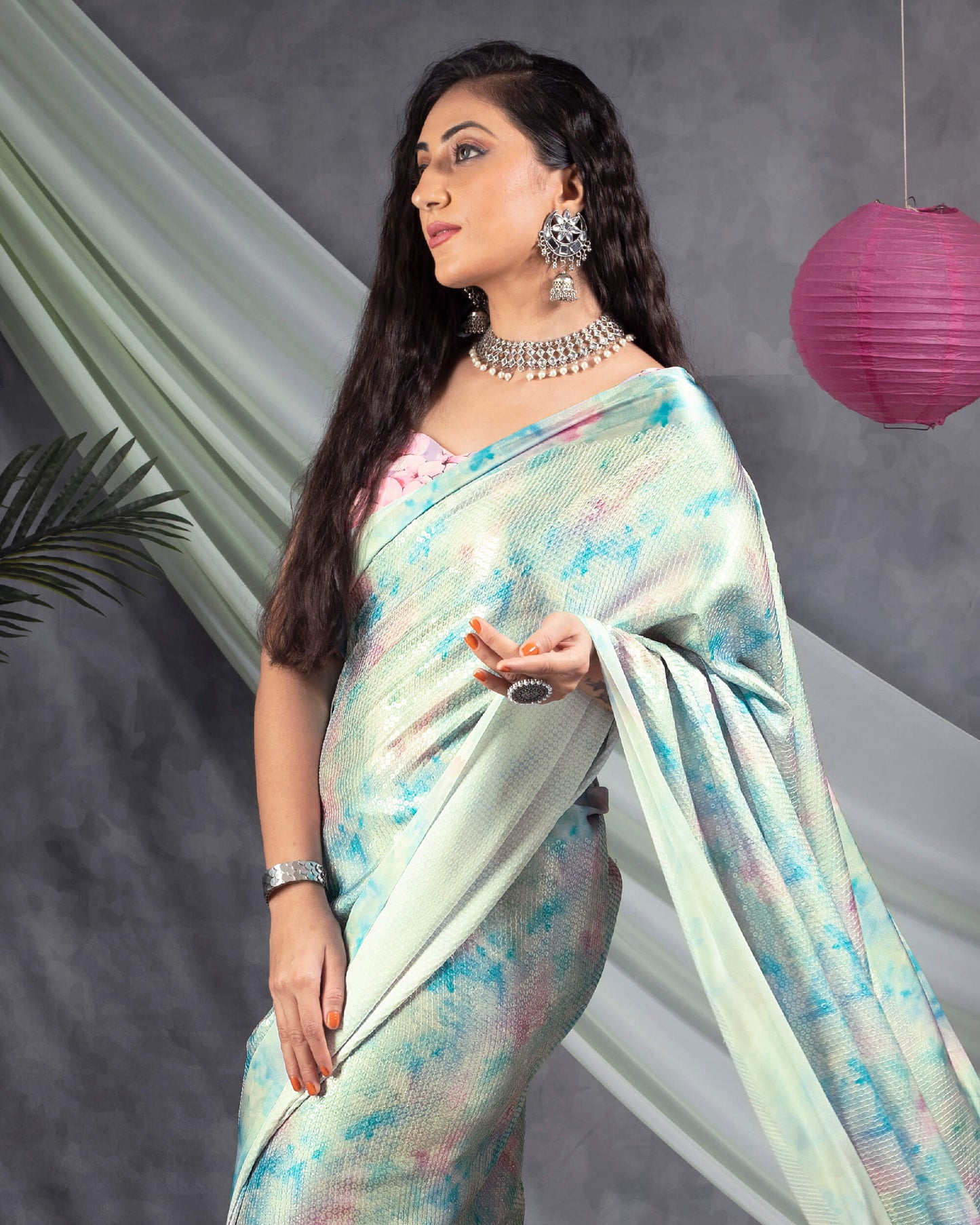 Pastel Green And Baby Pink Tie & Dye Pattern All Over Sequins Digital Print Japan Satin Saree