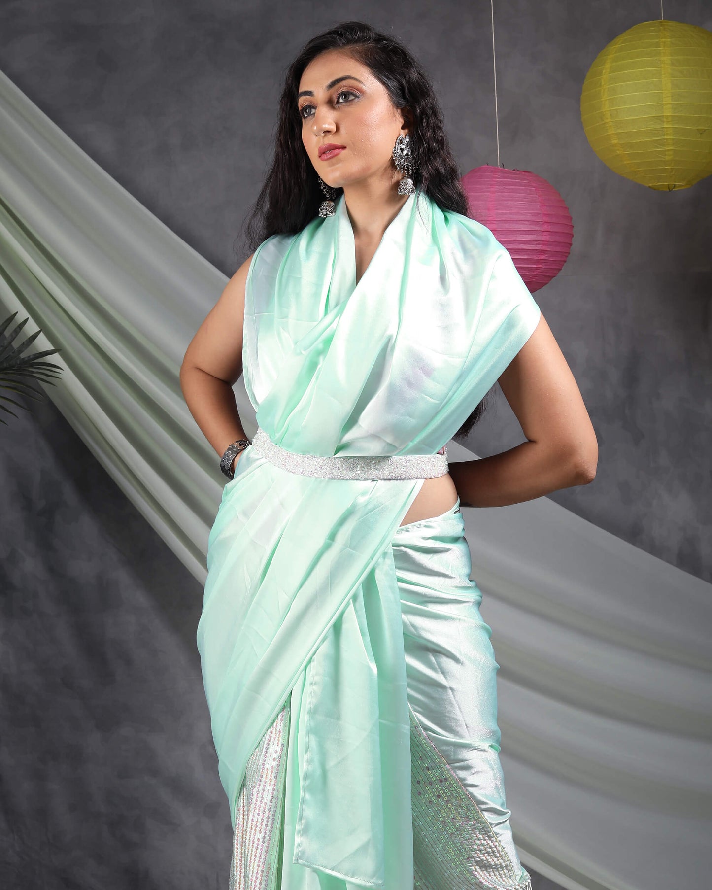 Mint Green Plain Half All Over Premium Rainbow Sequins Japan Satin Saree