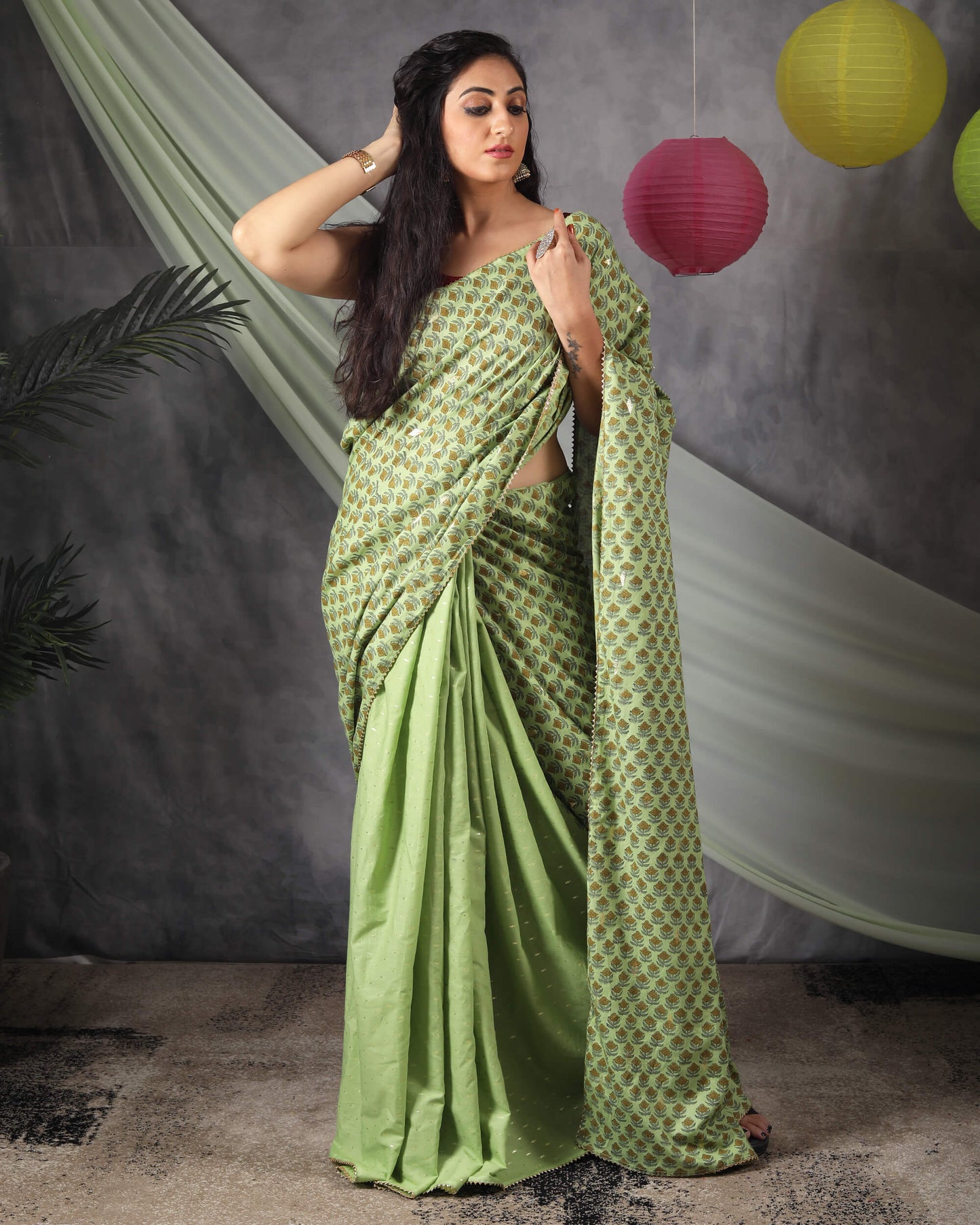 Pickle Green Half Floral Pattern Handblock Cotton Lurex Saree With Goden Zari Lace Border