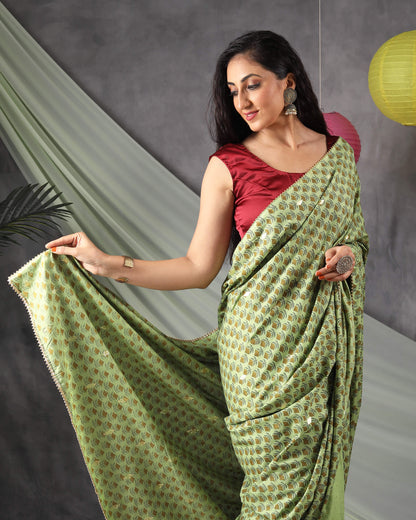 Pickle Green Half Floral Pattern Handblock Cotton Lurex Saree With Goden Zari Lace Border