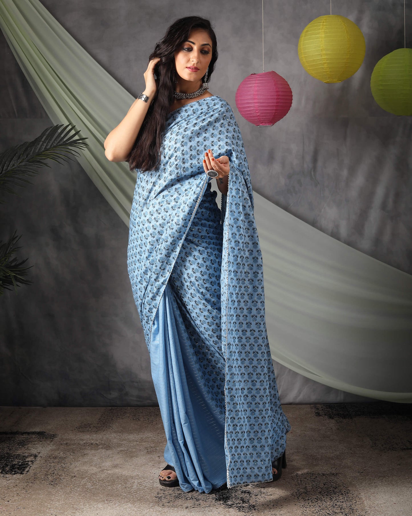 Jordy Blue Half Floral Pattern Handblock Cotton Lurex Saree With Goden Zari Lace Border