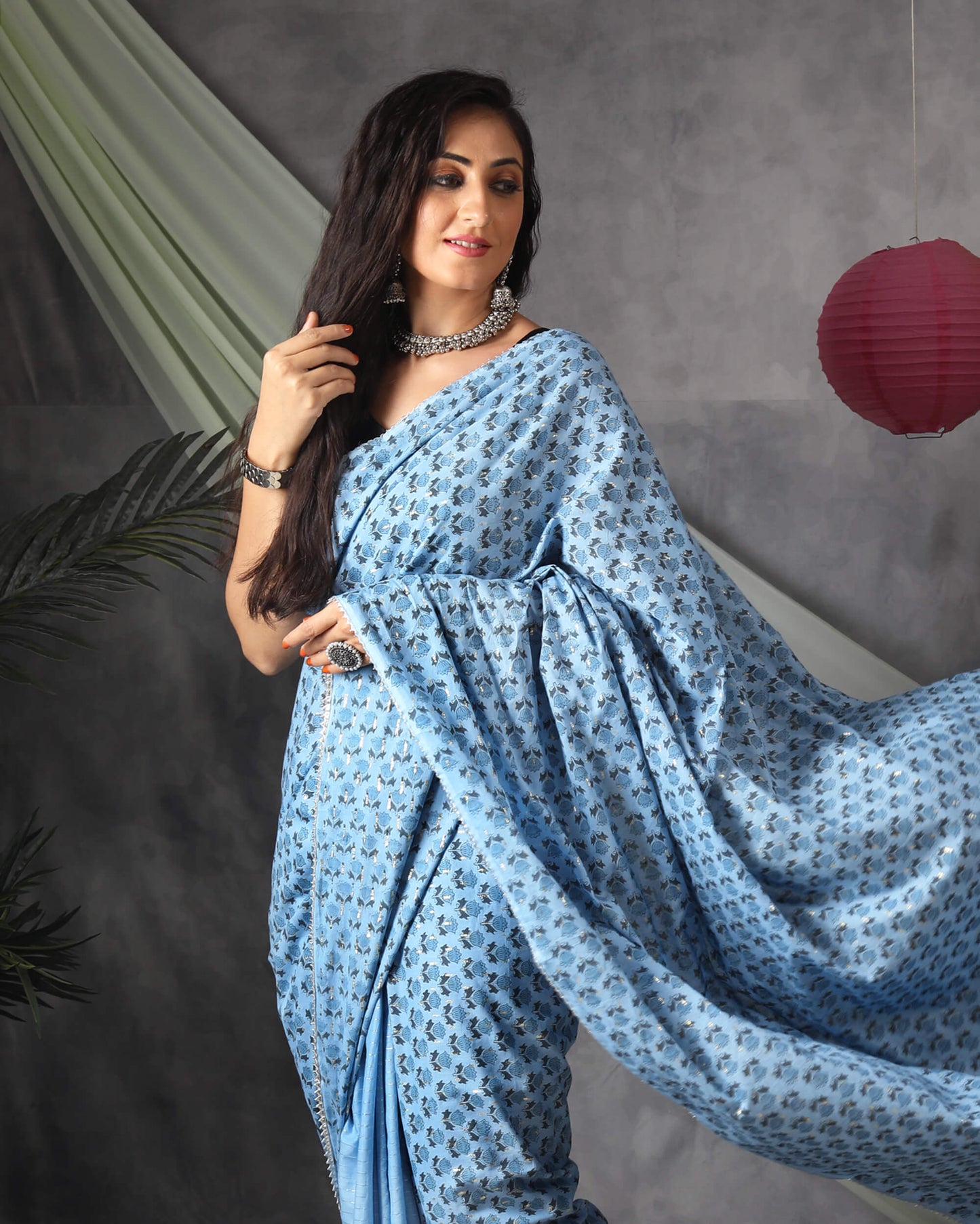 Jordy Blue Half Floral Pattern Handblock Cotton Lurex Saree With Goden Zari Lace Border