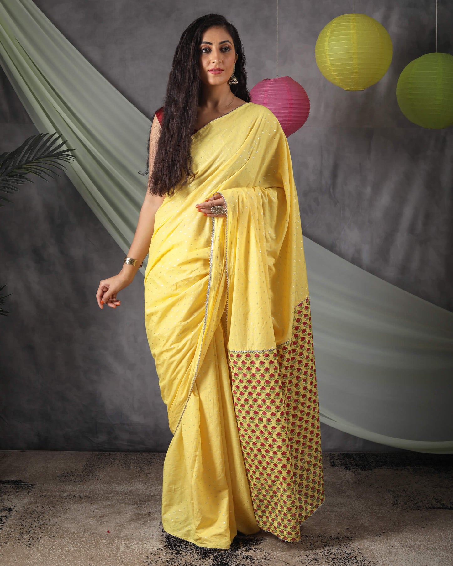 Laguna Yellow Half Floral Pattern Handblock Cotton Lurex Saree With Silver Zari Lace Border