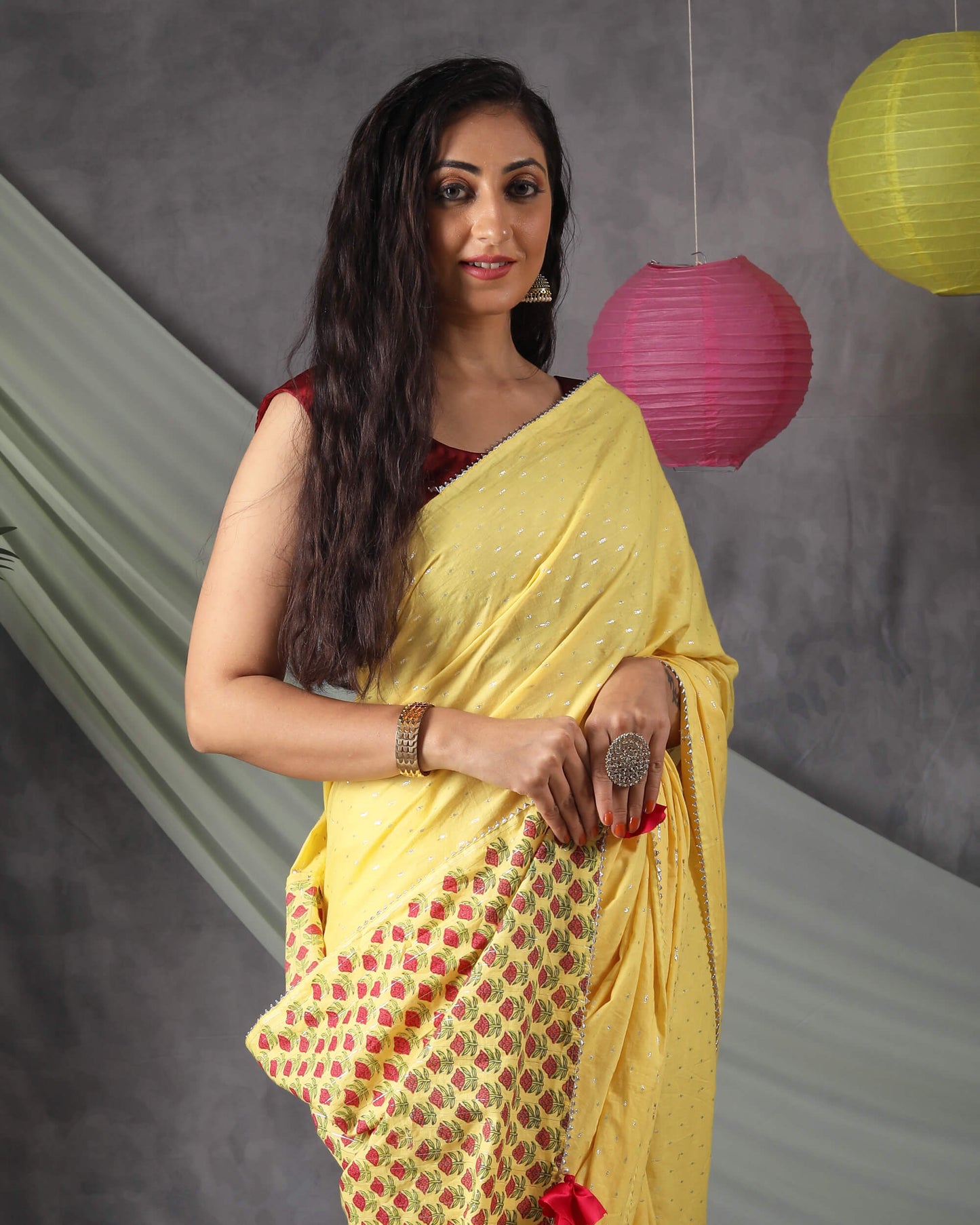 Laguna Yellow Half Floral Pattern Handblock Cotton Lurex Saree With Silver Zari Lace Border