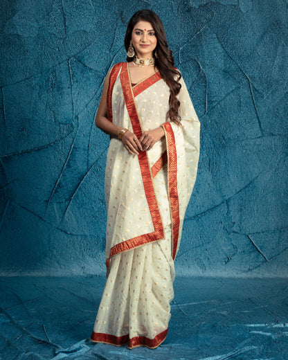 Off White Booti Pattern Zari Jacquard Banarasi Dyeable Chanderi Saree Zari Brocade Lace Border