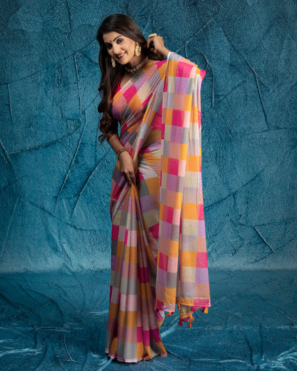 Pink And Orange Checks Pattern Digital Print Water Lurex Chiffon Saree With Tassels