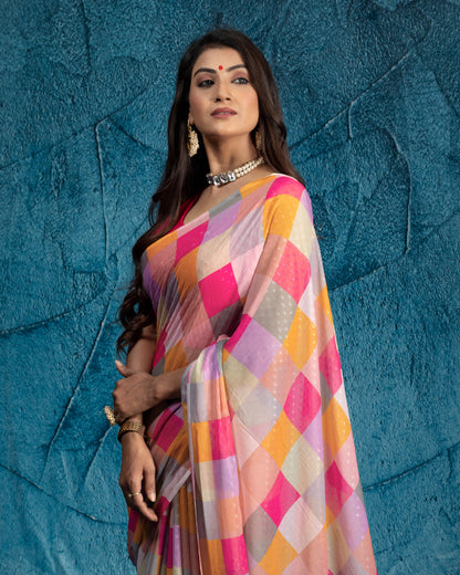Pink And Orange Checks Pattern Digital Print Water Lurex Chiffon Saree With Tassels