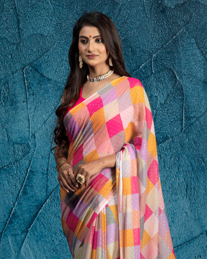 Pink And Orange Checks Pattern Digital Print Water Lurex Chiffon Saree With Tassels