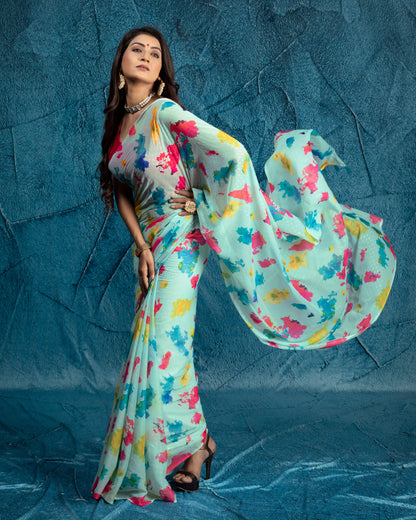 Mint Green And Pink Tye And Dye Pattern Digital Print Water Lurex Chiffon Saree With Tassels