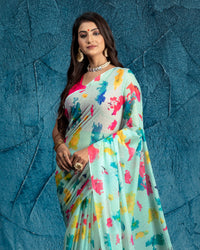 Mint Green And Pink Tye And Dye Pattern Digital Print Water Lurex Chiffon Saree With Tassels