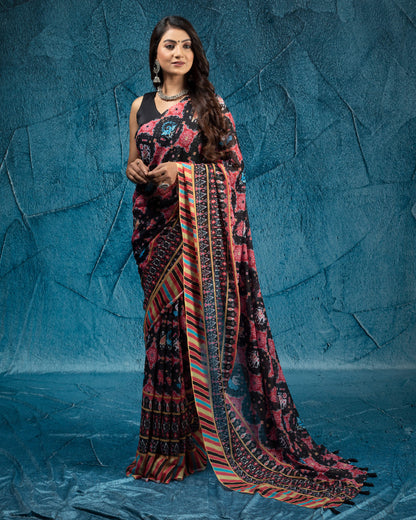 Black And Red Patolaa Pattern Digital Print Water Lurex Chiffon Saree With Tassels