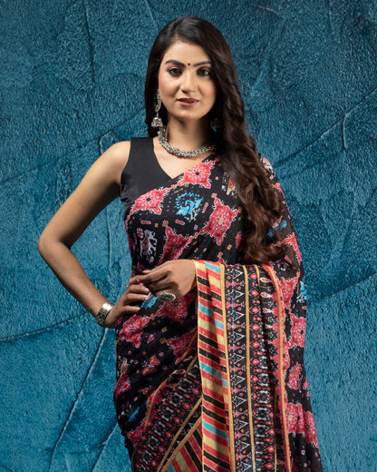 Black And Red Patolaa Pattern Digital Print Water Lurex Chiffon Saree With Tassels