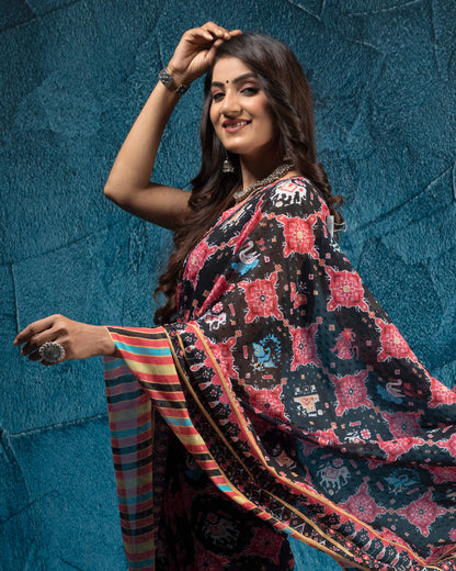 Black And Red Patolaa Pattern Digital Print Water Lurex Chiffon Saree With Tassels