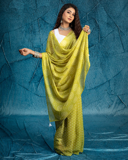 Lime Green And White Bandhanii Pattern Digital Print Water Lurex Chiffon Saree With Tassels