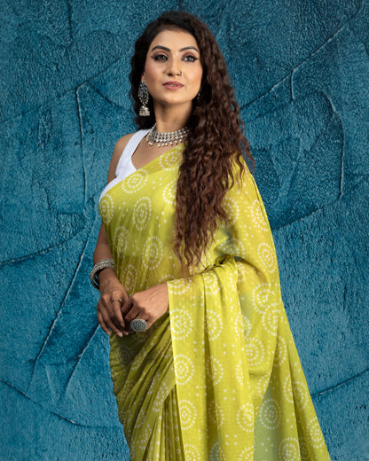 Lime Green And White Bandhanii Pattern Digital Print Water Lurex Chiffon Saree With Tassels