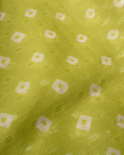 Lime Green And White Bandhanii Pattern Digital Print Water Lurex Chiffon Saree With Tassels