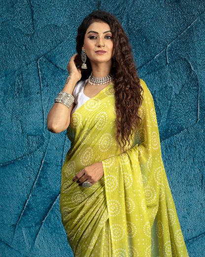 Lime Green And White Bandhanii Pattern Digital Print Water Lurex Chiffon Saree With Tassels