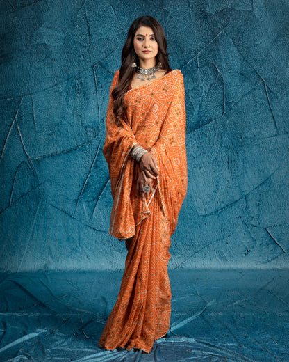 Squash Orange And White Bandhanii Pattern Digital Print Water Lurex Chiffon Saree With Pearl Work Lace Border