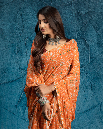 Squash Orange And White Bandhanii Pattern Digital Print Water Lurex Chiffon Saree With Pearl Work Lace Border