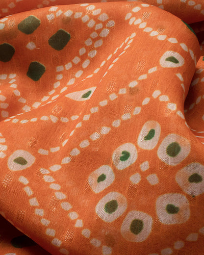 Squash Orange And White Bandhanii Pattern Digital Print Water Lurex Chiffon Saree With Pearl Work Lace Border