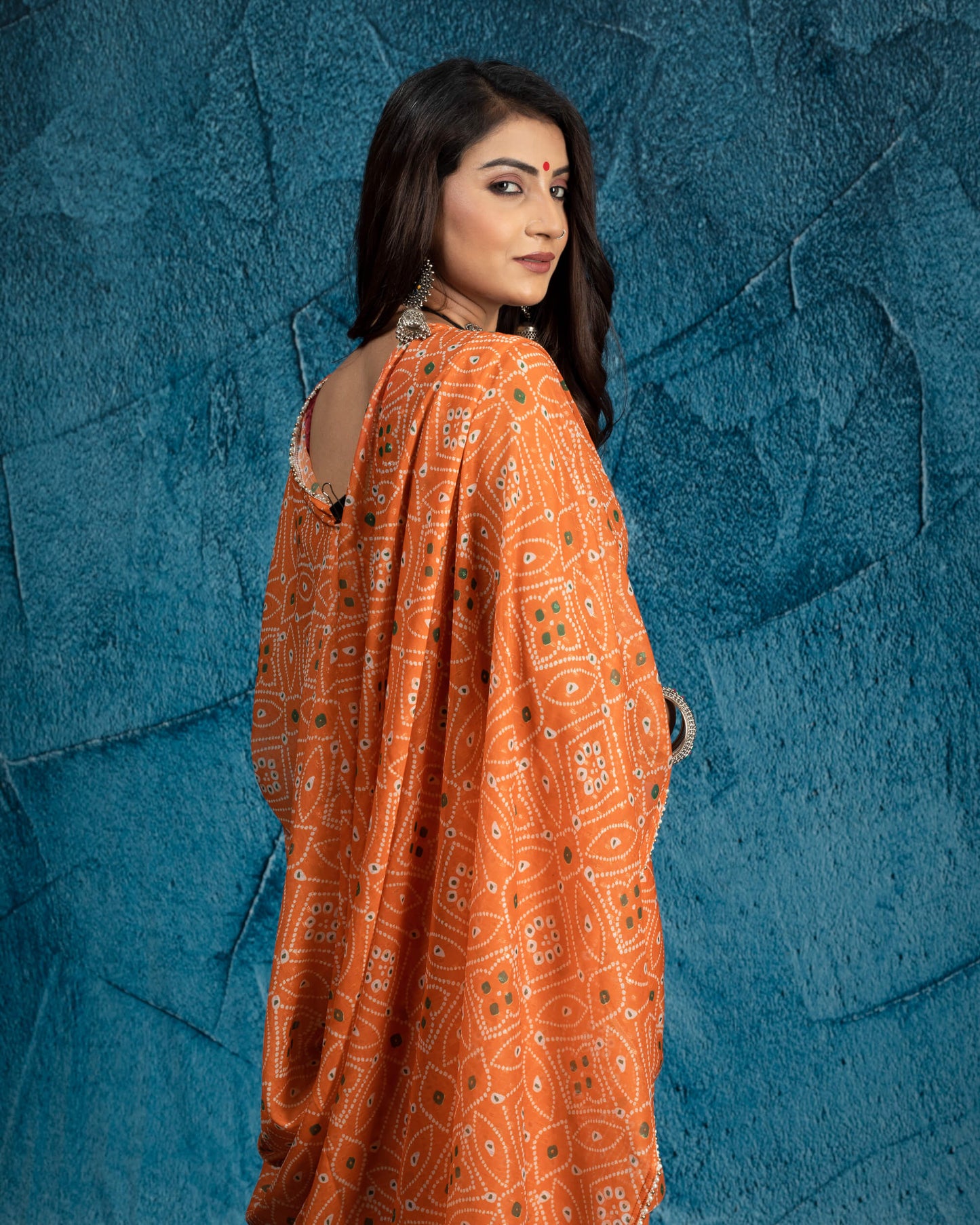 Squash Orange And White Bandhani Pattern Digital Print Water Lurex Chiffon Saree With Pearl Work Lace Border