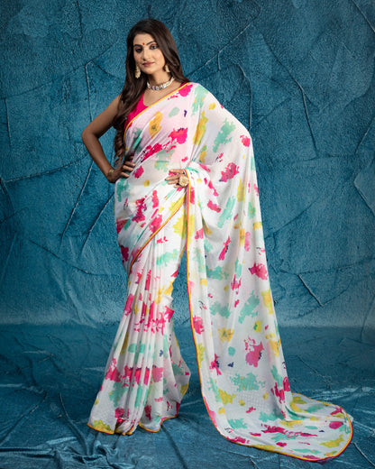 White And Deep Pink Tye And Dye Pattern Digital Print Water Lurex Chiffon Saree With Satin Lace Border