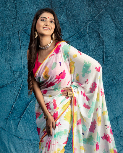 White And Deep Pink Tye And Dye Pattern Digital Print Water Lurex Chiffon Saree With Satin Lace Border
