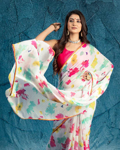 White And Deep Pink Tye And Dye Pattern Digital Print Water Lurex Chiffon Saree With Satin Lace Border