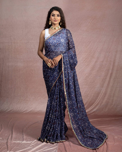 Navy Blue And White Bandhanii Pattern Digital Print Water Lurex Chiffon Saree With Zari Mirror Work Lace Border