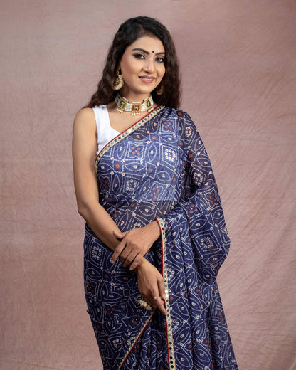 Navy Blue And White Bandhanii Pattern Digital Print Water Lurex Chiffon Saree With Zari Mirror Work Lace Border