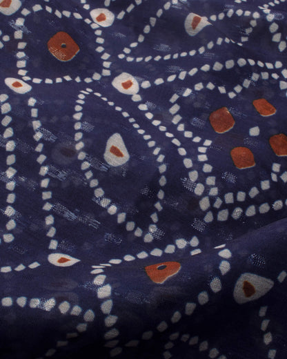 Navy Blue And White Bandhanii Pattern Digital Print Water Lurex Chiffon Saree With Zari Mirror Work Lace Border