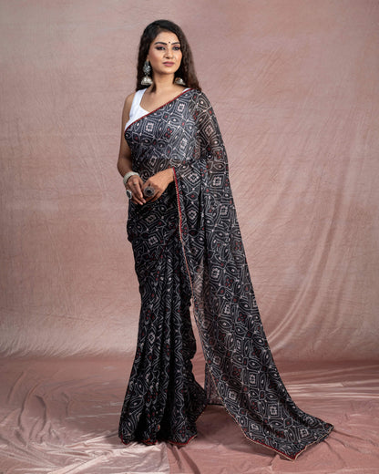 Black And White Bandhanii Pattern Digital Print Water Lurex Chiffon Saree With Zari Lace Border