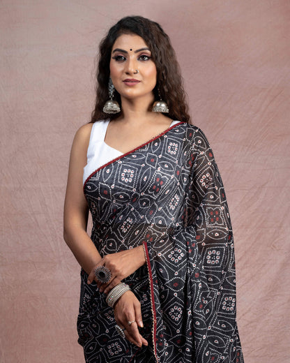Black And White Bandhanii Pattern Digital Print Water Lurex Chiffon Saree With Zari Lace Border