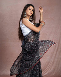 Black And White Bandhanii Pattern Digital Print Water Lurex Chiffon Saree With Zari Lace Border