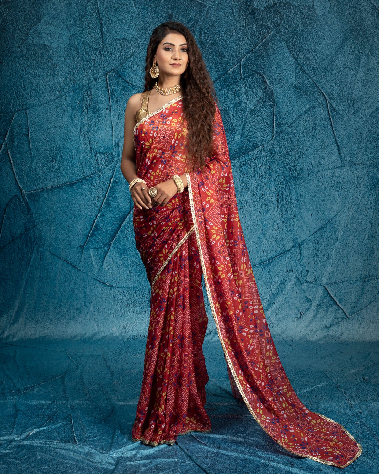 Sangria Red And Yellow Bandhani Pattern Digital Print Water Lurex Chiffon Saree With Tubular Beads Sequins Lace Border