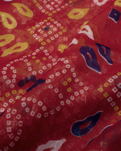 Sangria Red And Yellow Bandhanii Pattern Digital Print Water Lurex Chiffon Saree With Tubular Beads Sequins Lace Border