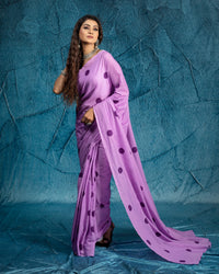 Lavender Purple Polka Dots Pattern Digital Print Cotton Mulmul Saree