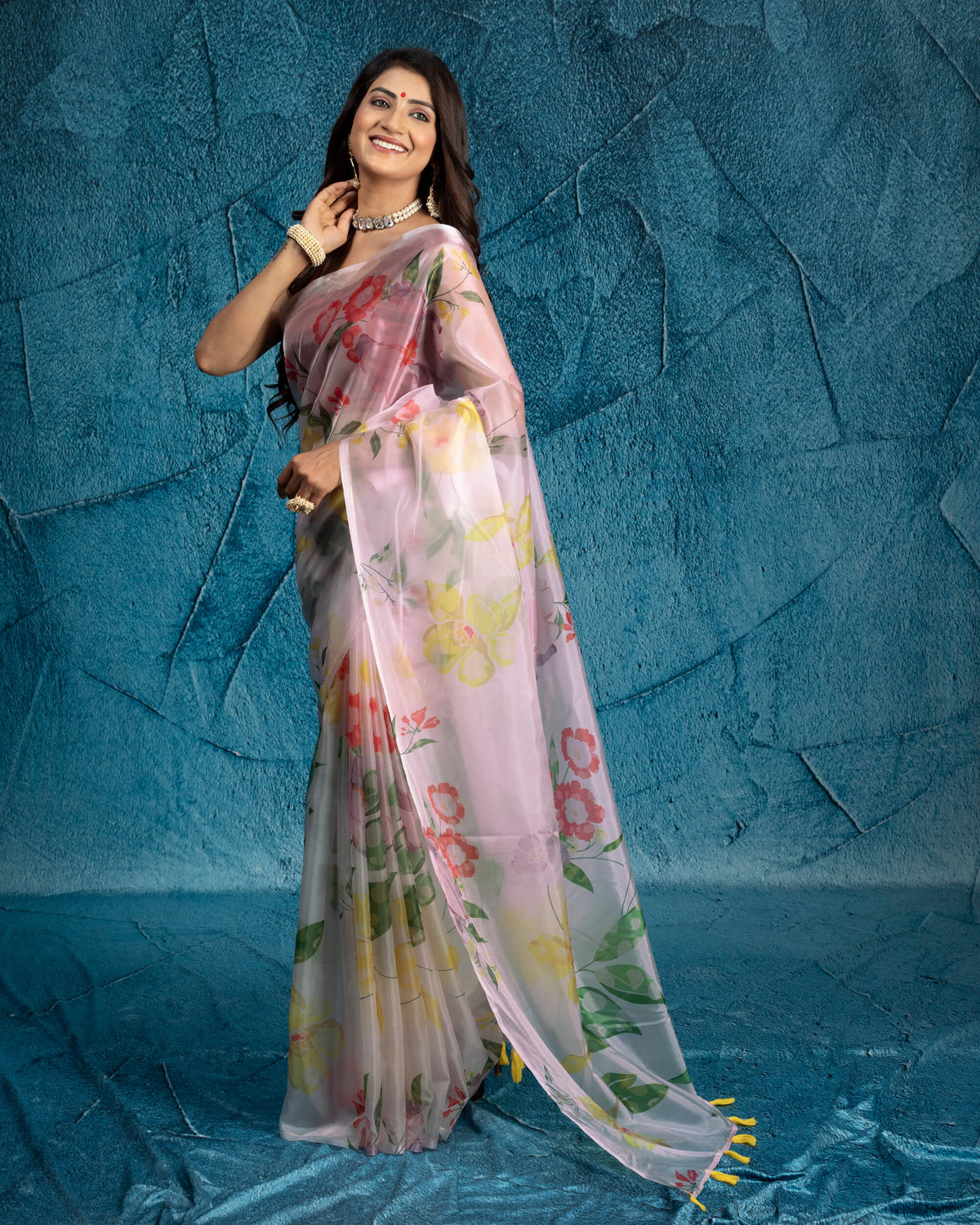 White And Yellow Floral Pattern Organza Satin Saree